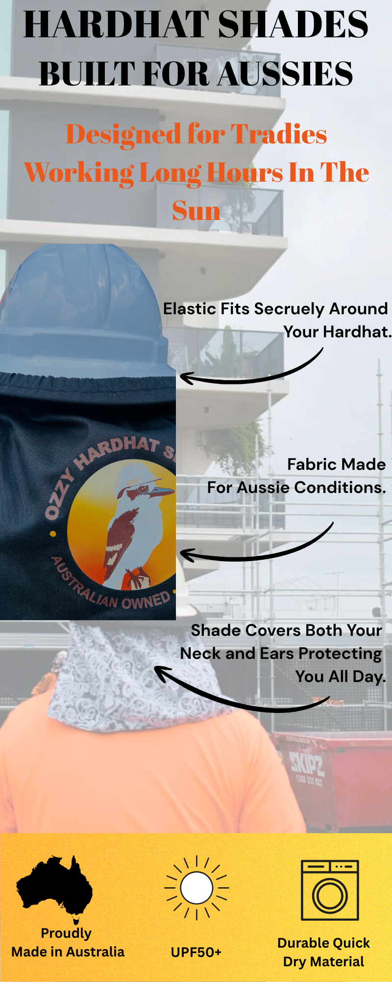 Ozzy Hardhat Shade -Grey - UPF50+ Neck and Sun Protection for your Hardhat